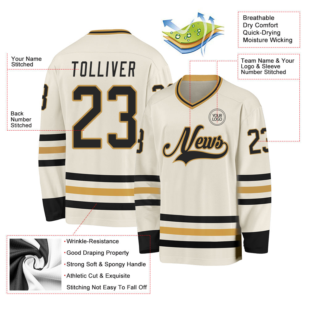 Custom Cream Black-Old Gold Hockey Jersey view 3