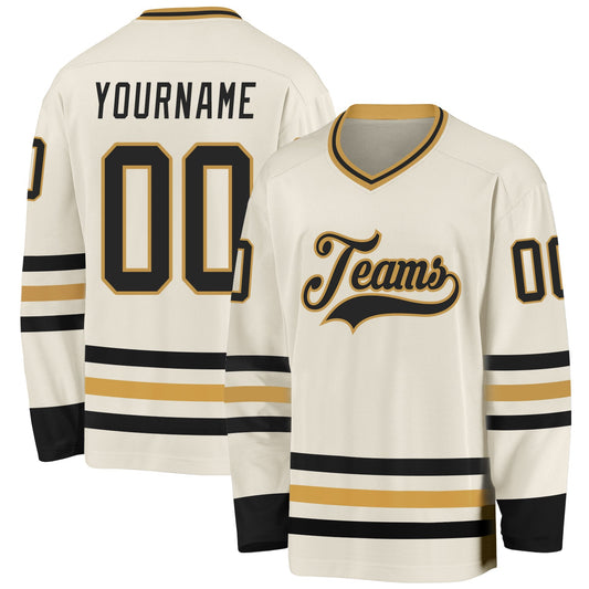 Custom Cream Black-Old Gold Hockey Jersey - Main View