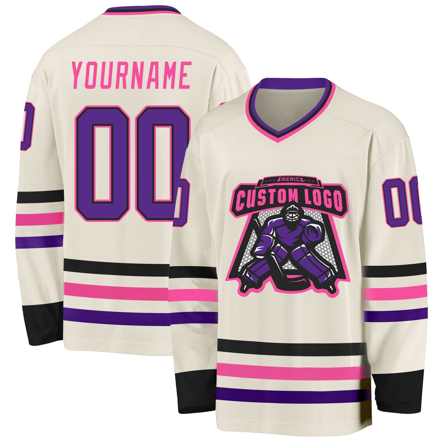 Custom Cream Purple Black-Pink Hockey Jersey view 2
