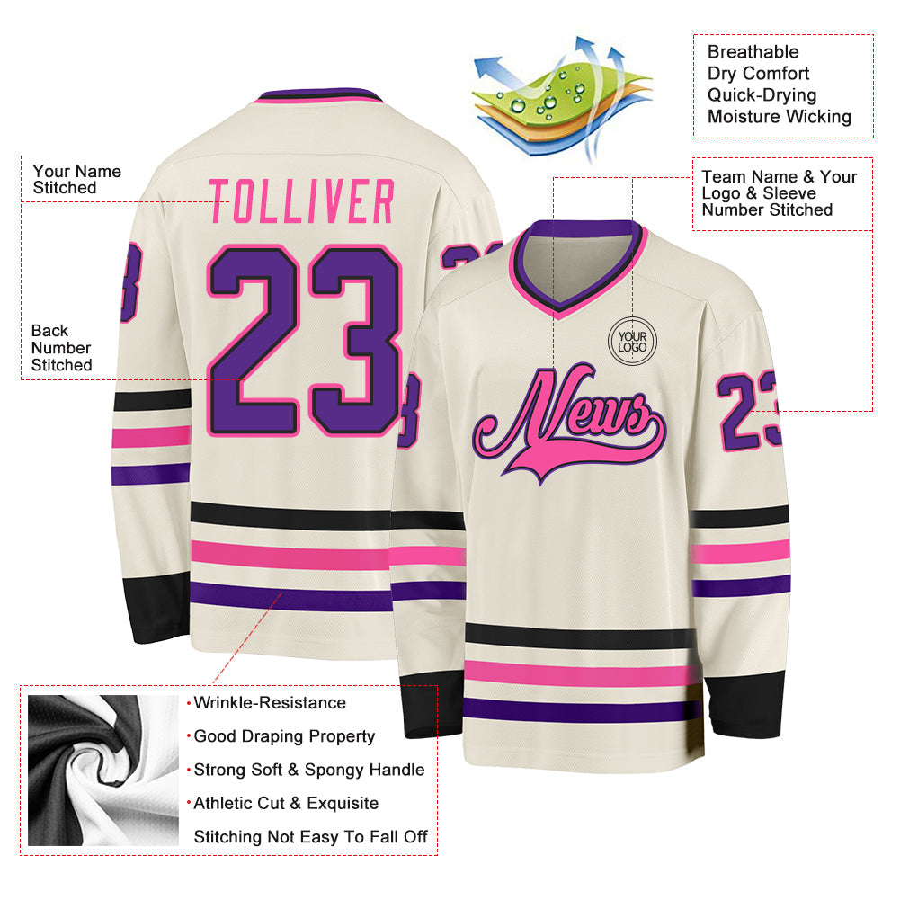 Custom Cream Purple Black-Pink Hockey Jersey view 3