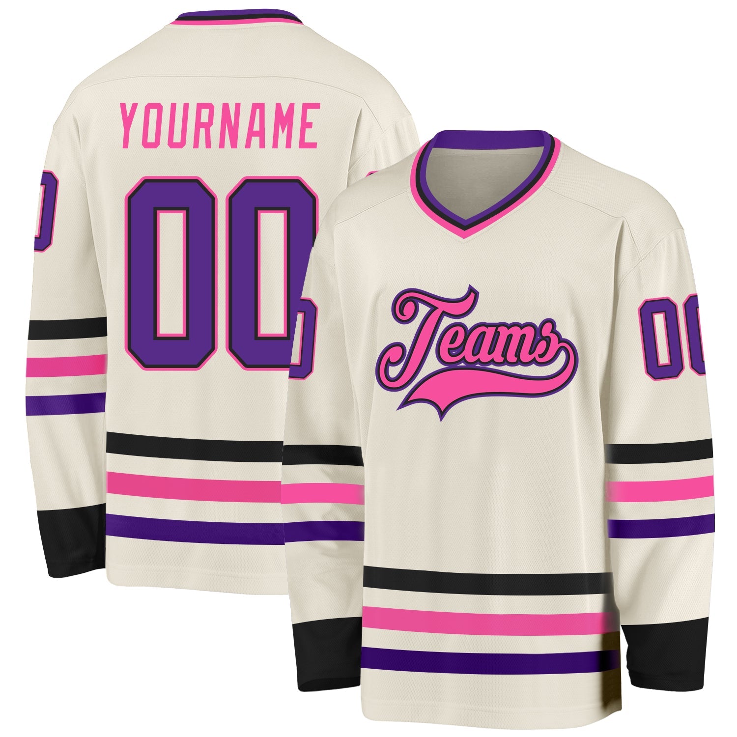 Custom Cream Purple Black-Pink Hockey Jersey - Main View