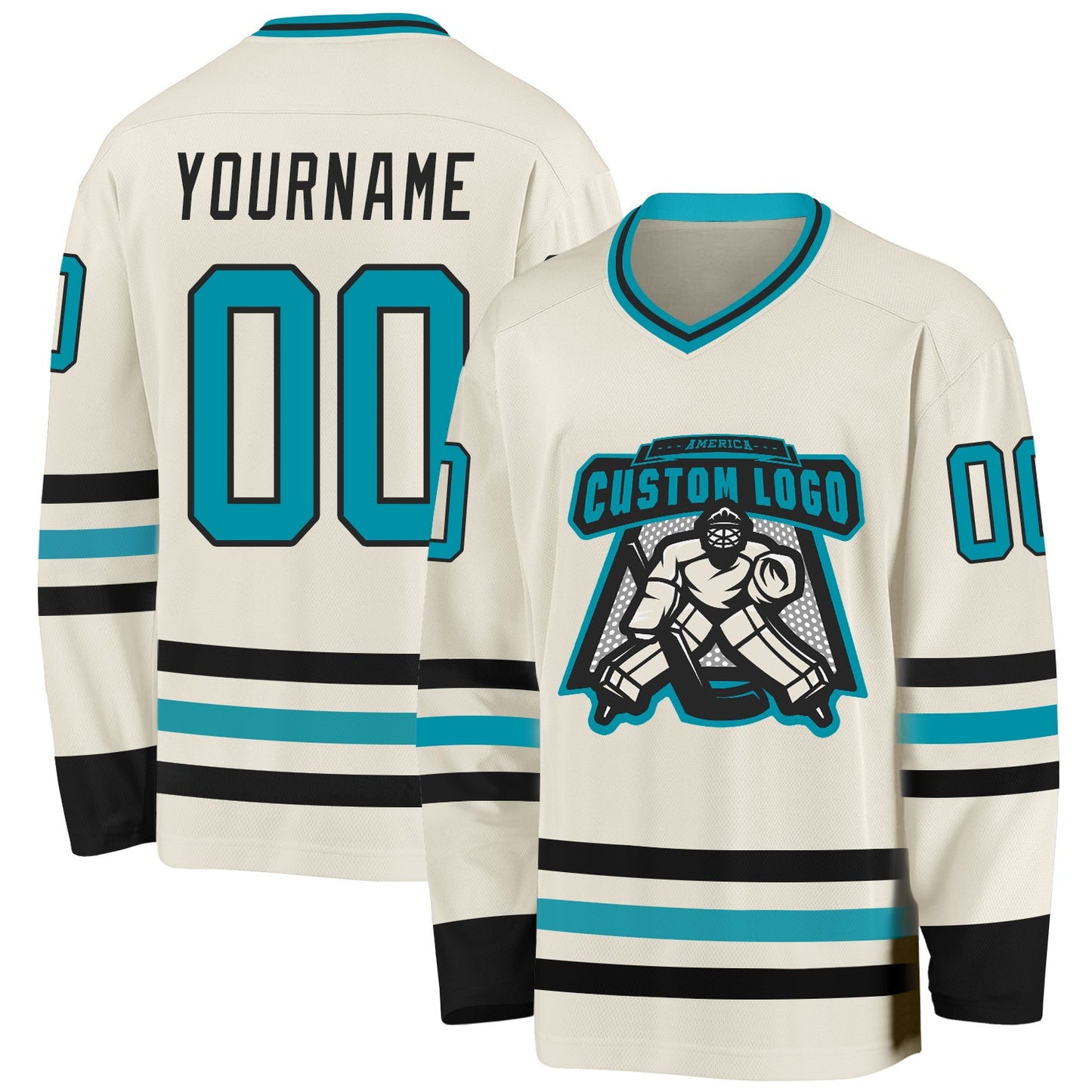 Custom Cream Teal-Black Hockey Jersey view 2