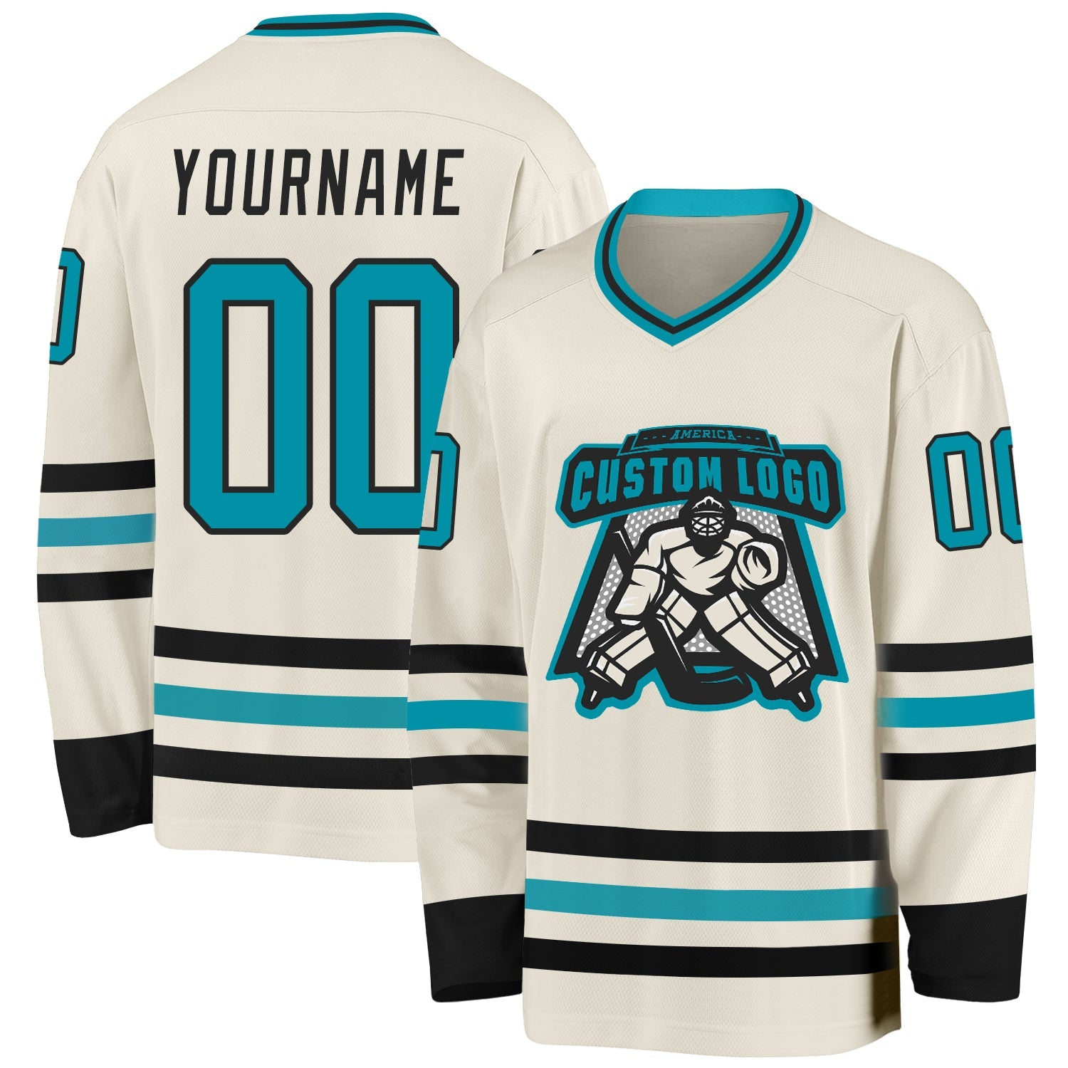 Custom Cream Teal-Black Hockey Jersey view 2