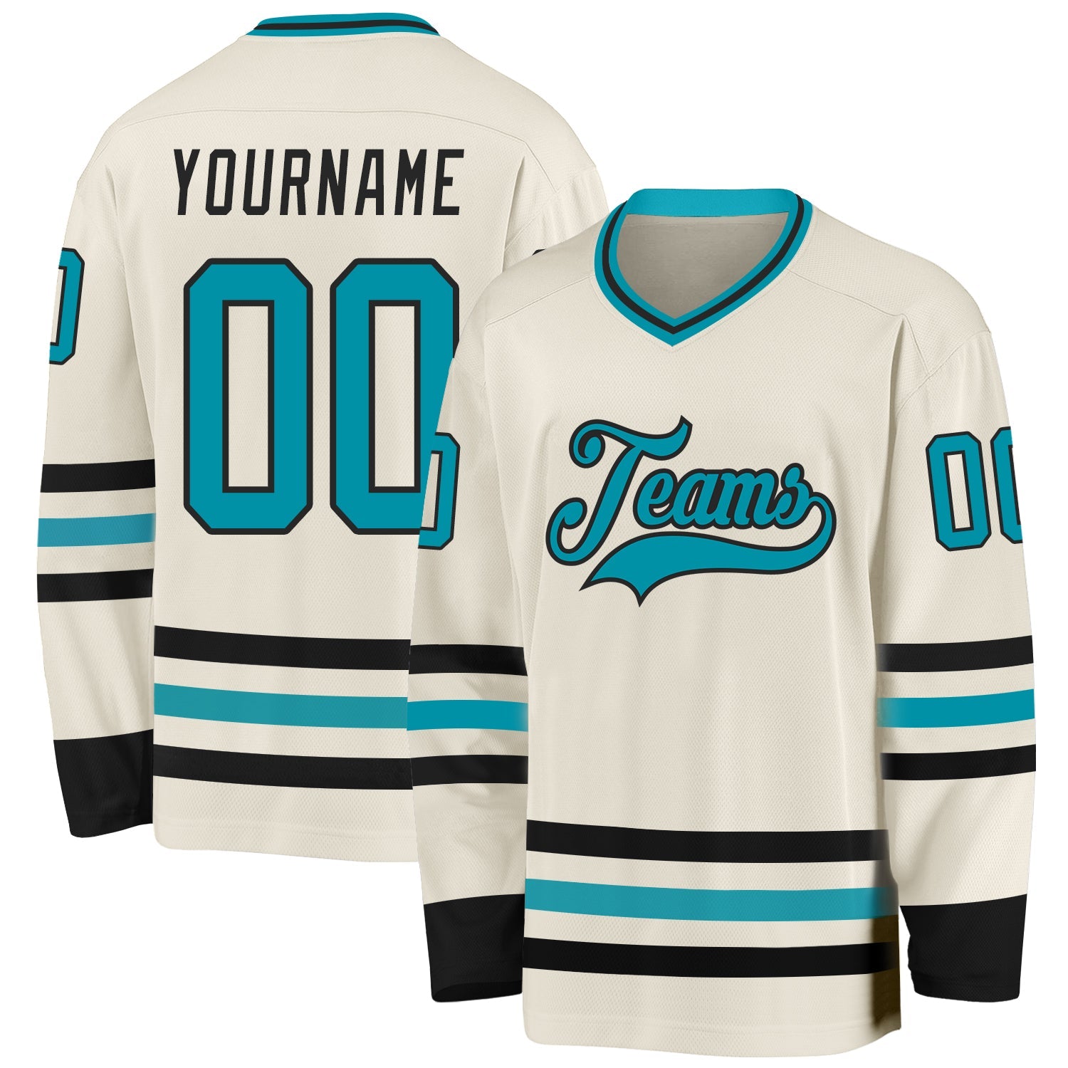 Custom Cream Teal-Black Hockey Jersey - Main View
