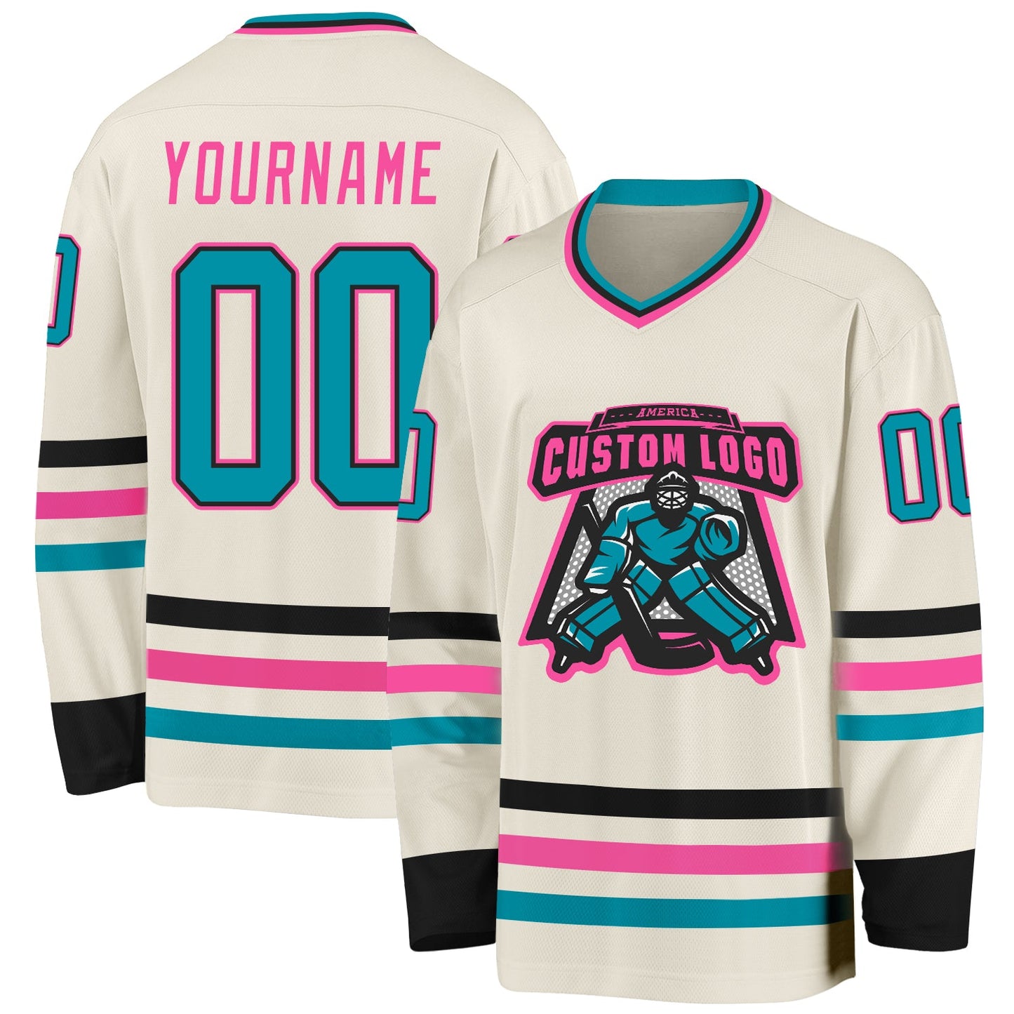 Custom Cream Teal Black-Pink Hockey Jersey view 2