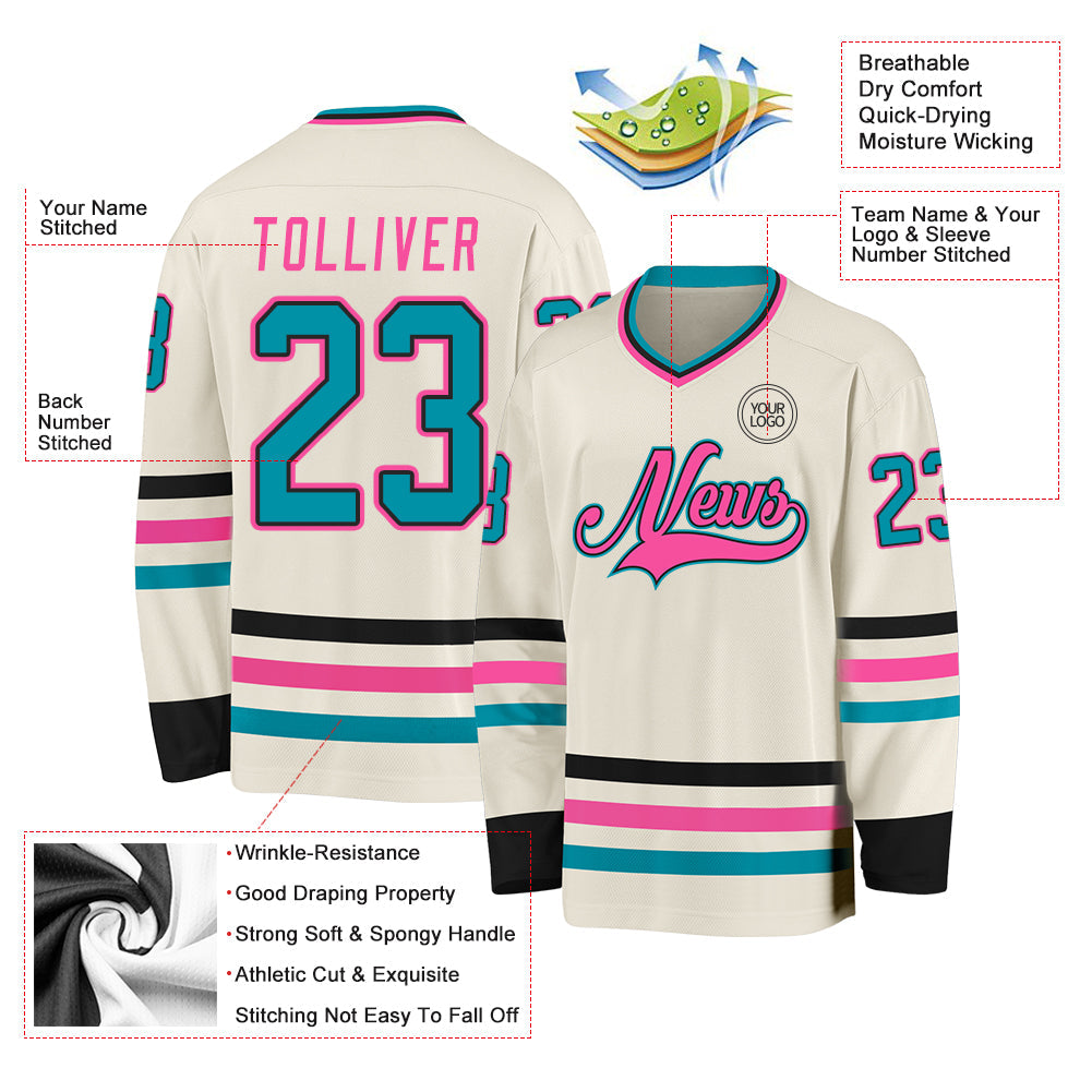 Custom Cream Teal Black-Pink Hockey Jersey view 3