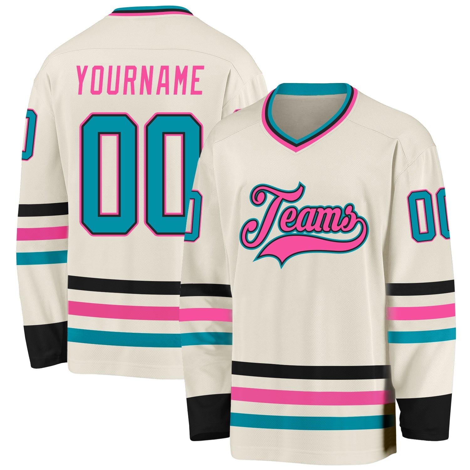 Custom Cream Teal Black-Pink Hockey Jersey - Main View