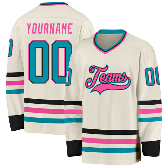 Custom Cream Teal Black-Pink Hockey Jersey - Main View