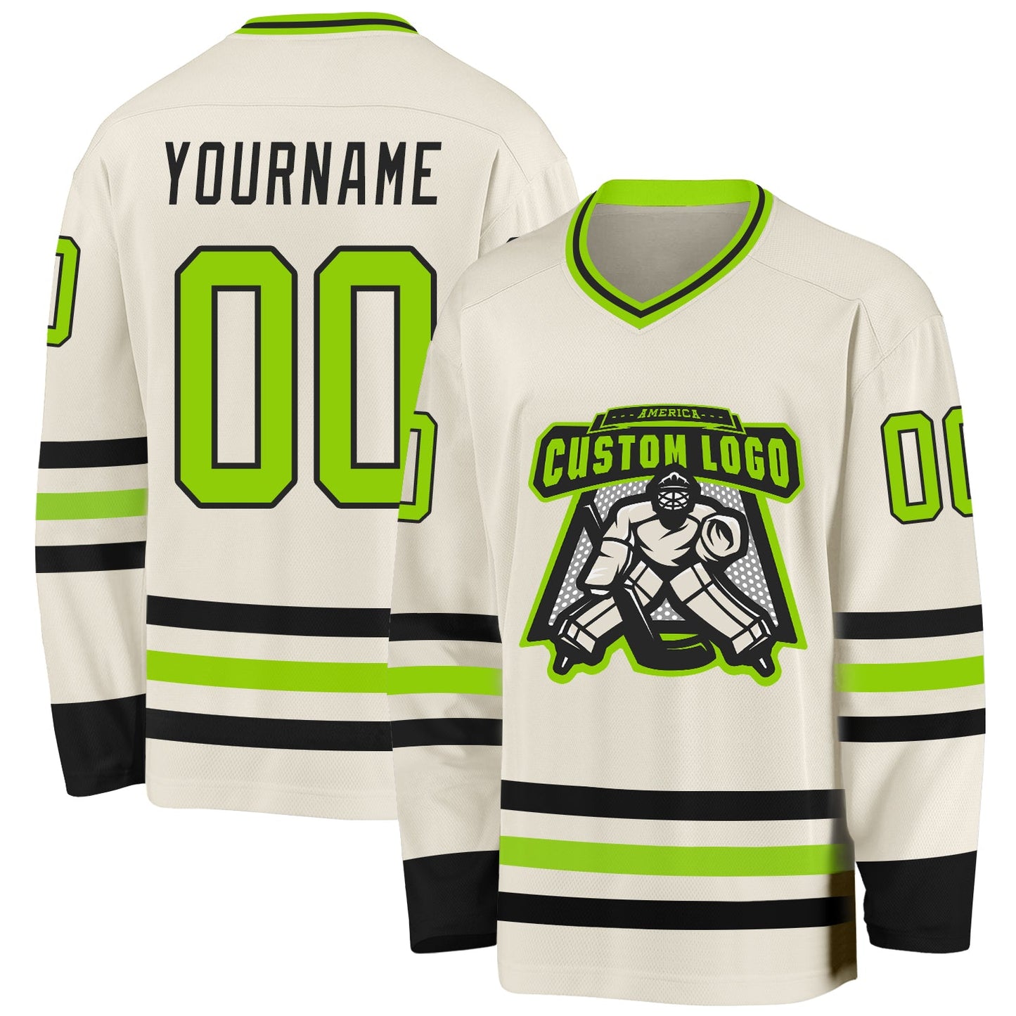 Custom Cream Neon Green-Black Hockey Jersey view 2