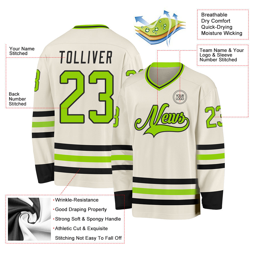 Custom Cream Neon Green-Black Hockey Jersey view 3