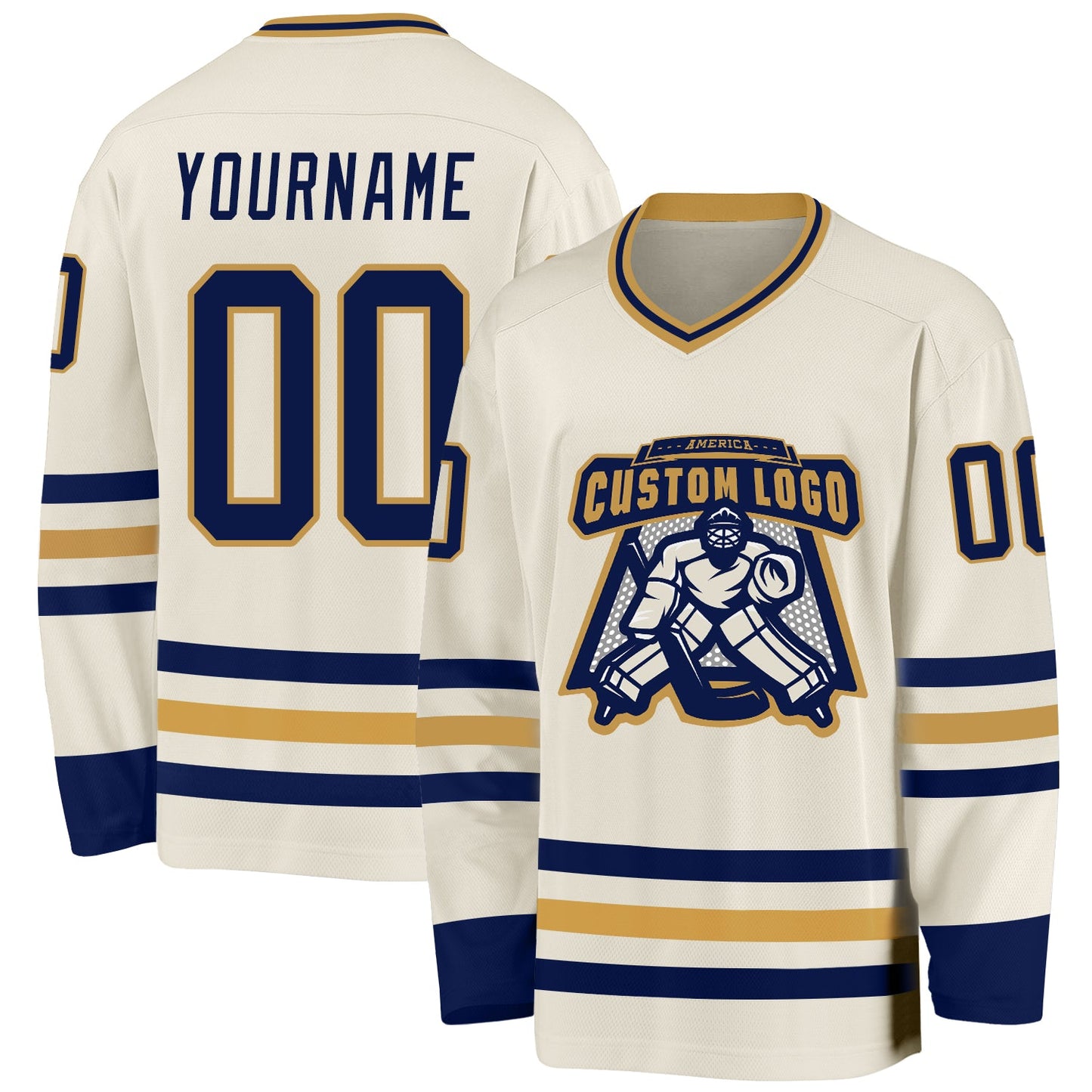 Custom Cream Navy-Old Gold Hockey Jersey view 2