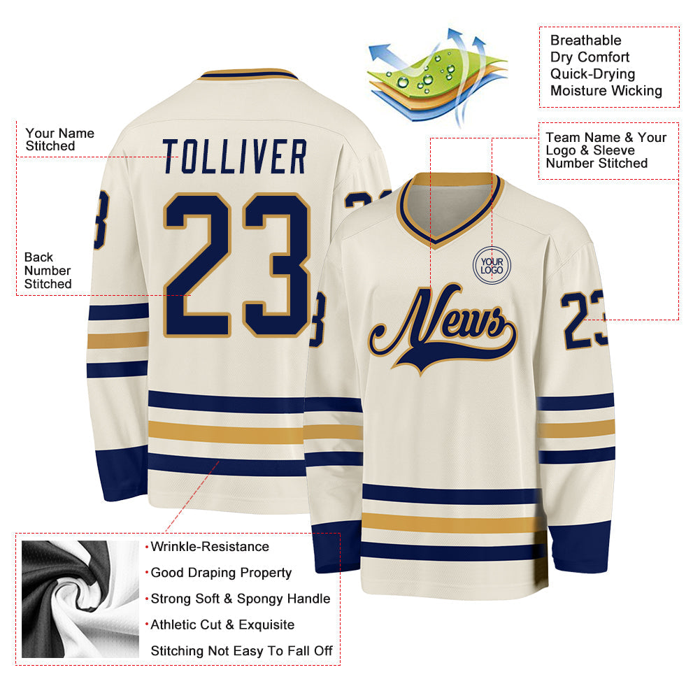Custom Cream Navy-Old Gold Hockey Jersey view 3