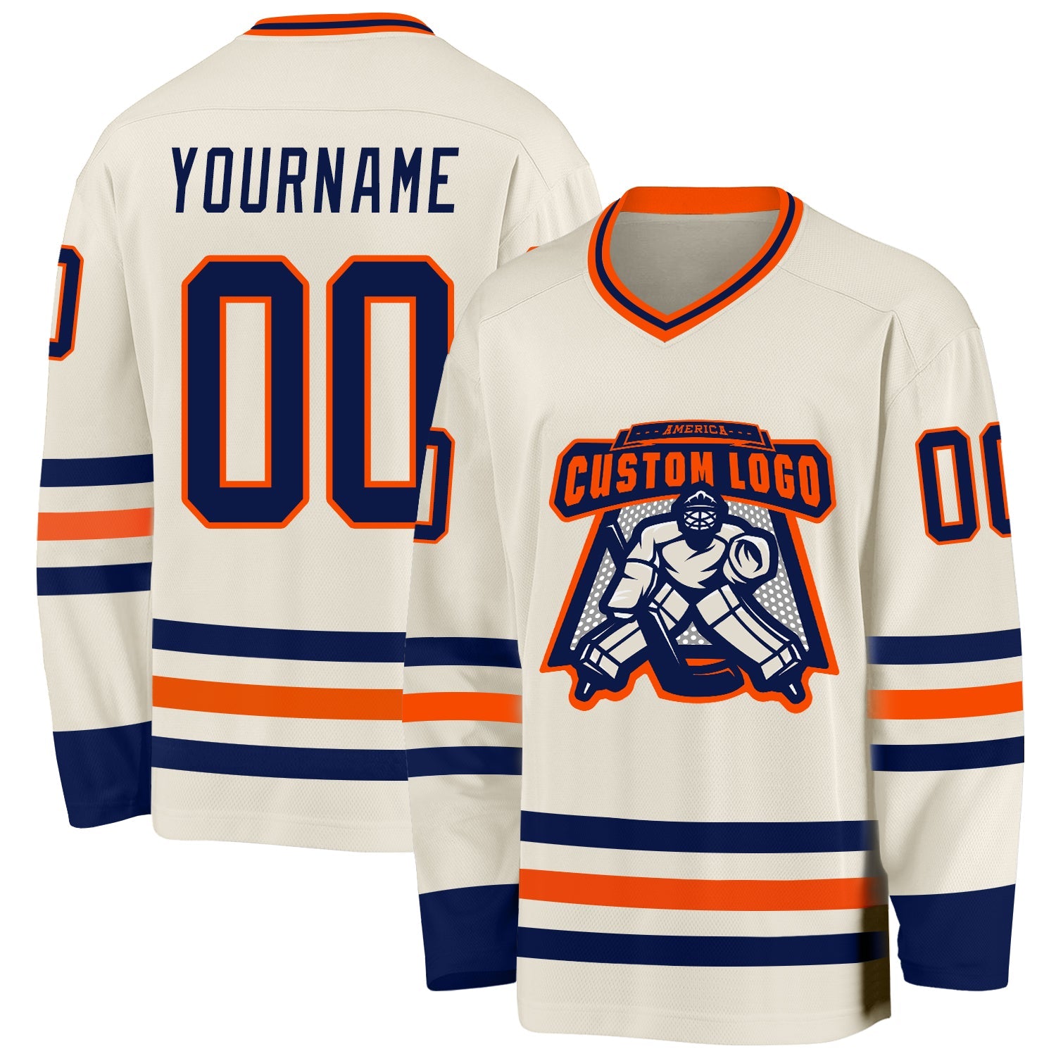 Custom Cream Navy-Orange Hockey Jersey view 2
