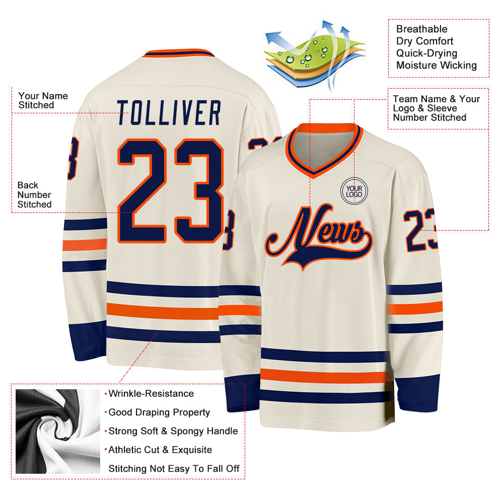 Custom Cream Navy-Orange Hockey Jersey view 3