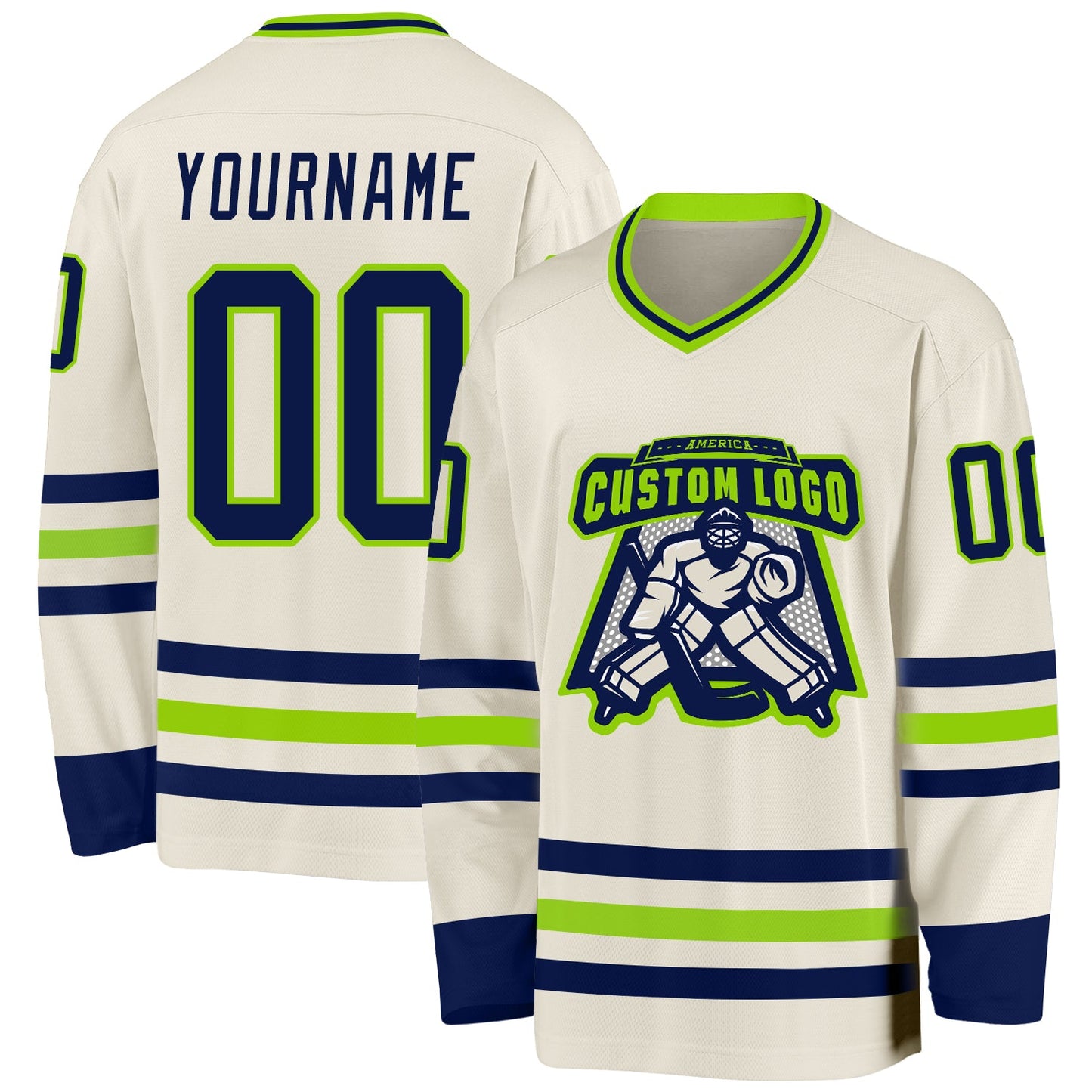 Custom Cream Navy-Neon Green Hockey Jersey view 2