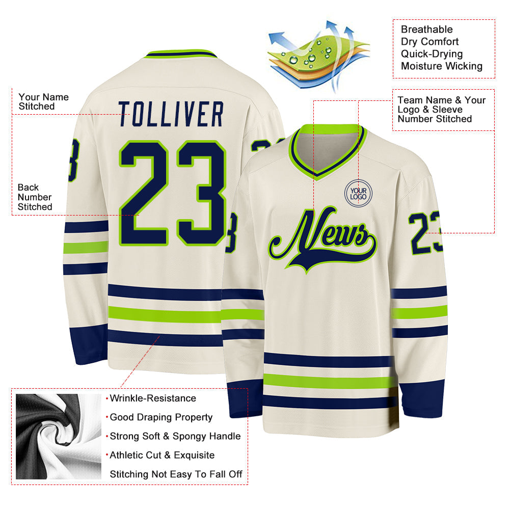 Custom Cream Navy-Neon Green Hockey Jersey view 3