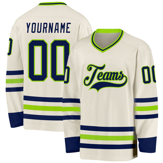 Custom Cream Navy-Neon Green Hockey Jersey - Main View