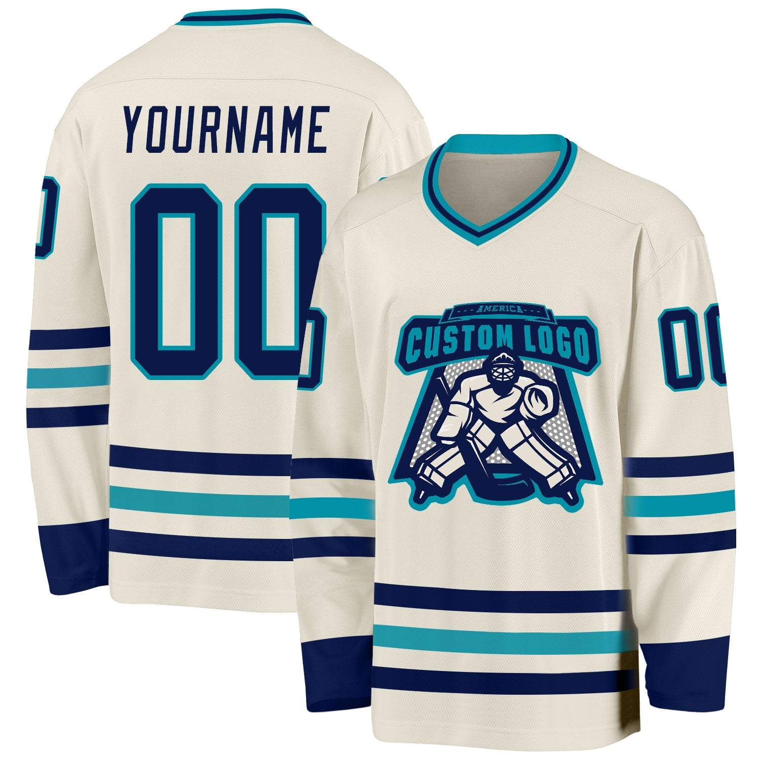 Custom Cream Navy-Teal Hockey Jersey view 2