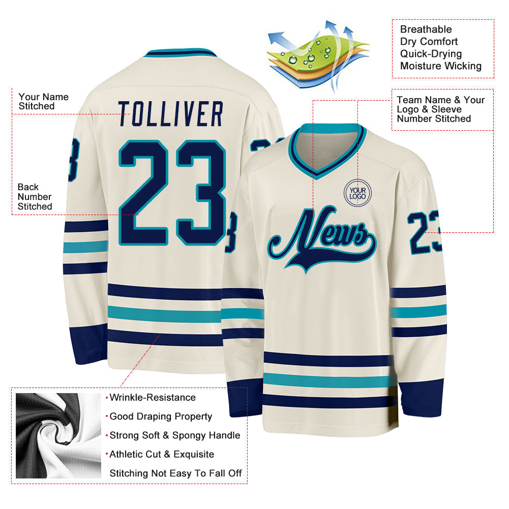 Custom Cream Navy-Teal Hockey Jersey view 3