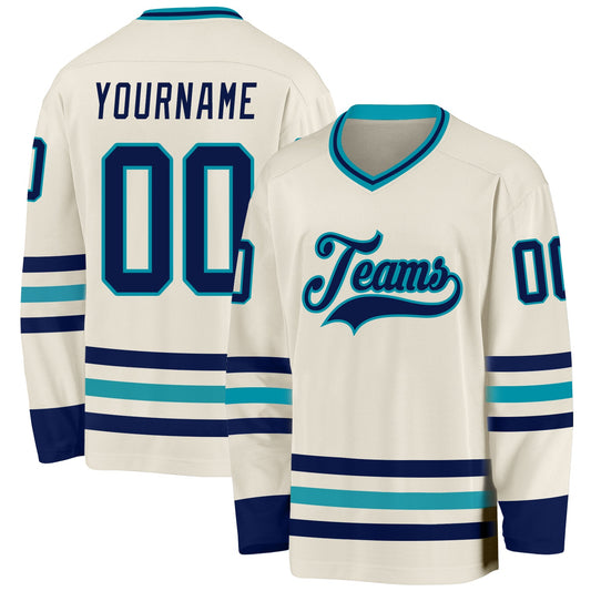 Custom Cream Navy-Teal Hockey Jersey - Main View