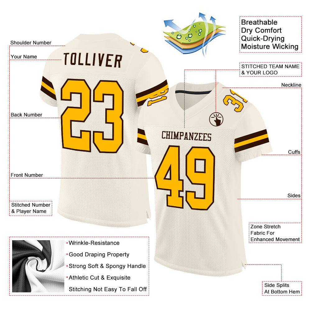 Custom Cream Gold-Brown Mesh Authentic Football Jersey view 2