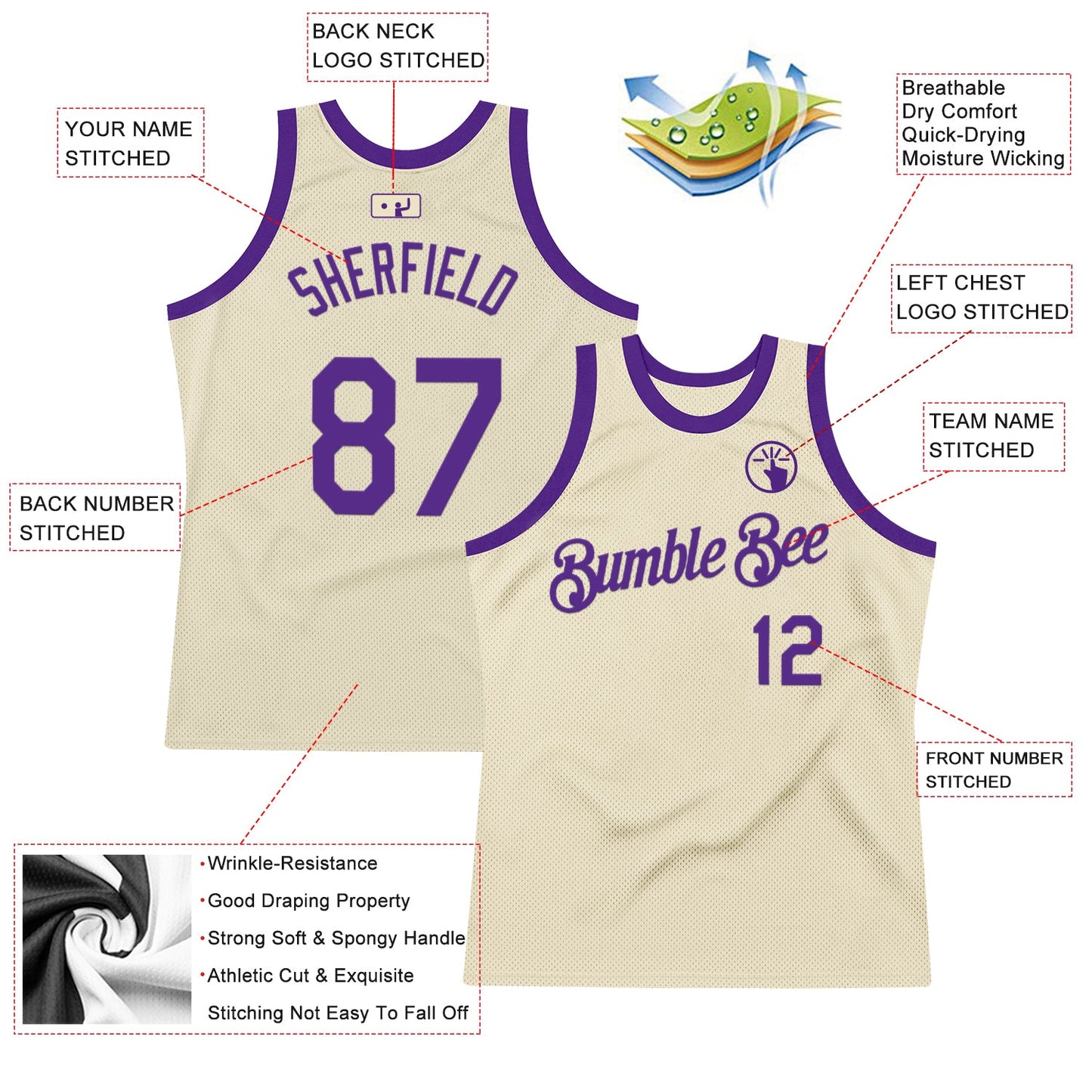 Custom Cream Purple Authentic Throwback Basketball Jersey view 2
