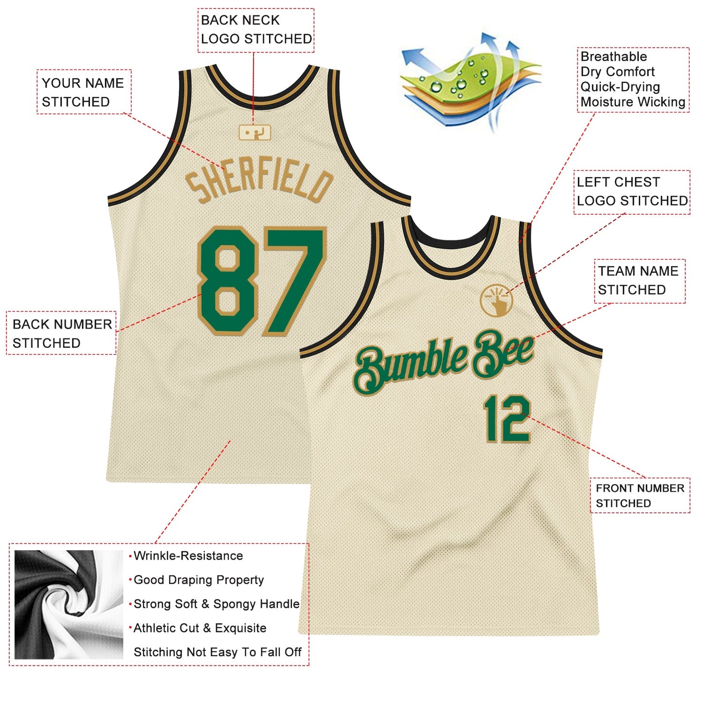 Custom Cream Kelly Green Old Gold-Black Authentic Throwback Basketball Jersey view 2
