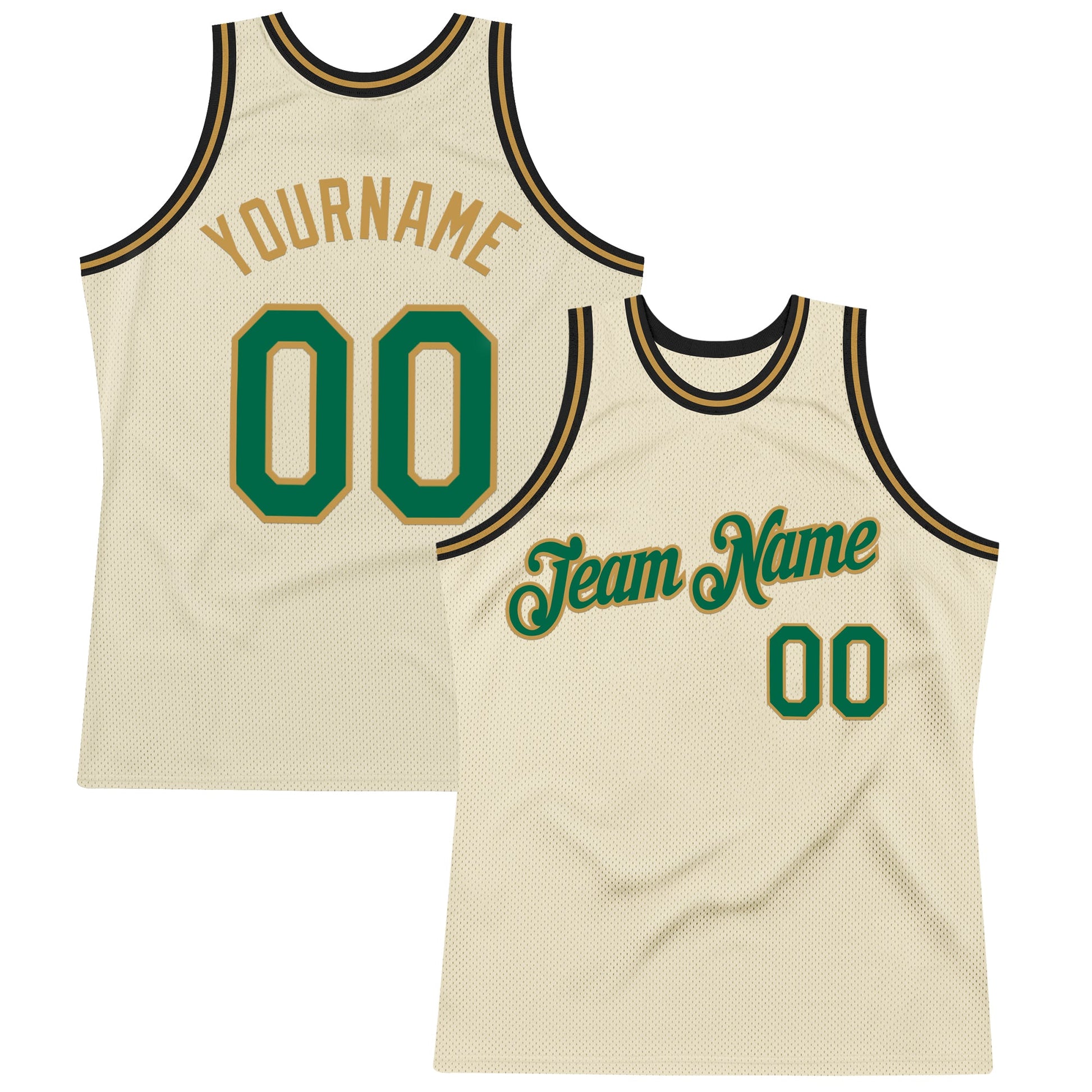 Custom Cream Kelly Green Old Gold-Black Authentic Throwback Basketball Jersey - Main View