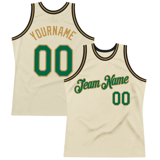 Custom Cream Kelly Green Old Gold-Black Authentic Throwback Basketball Jersey - Main View