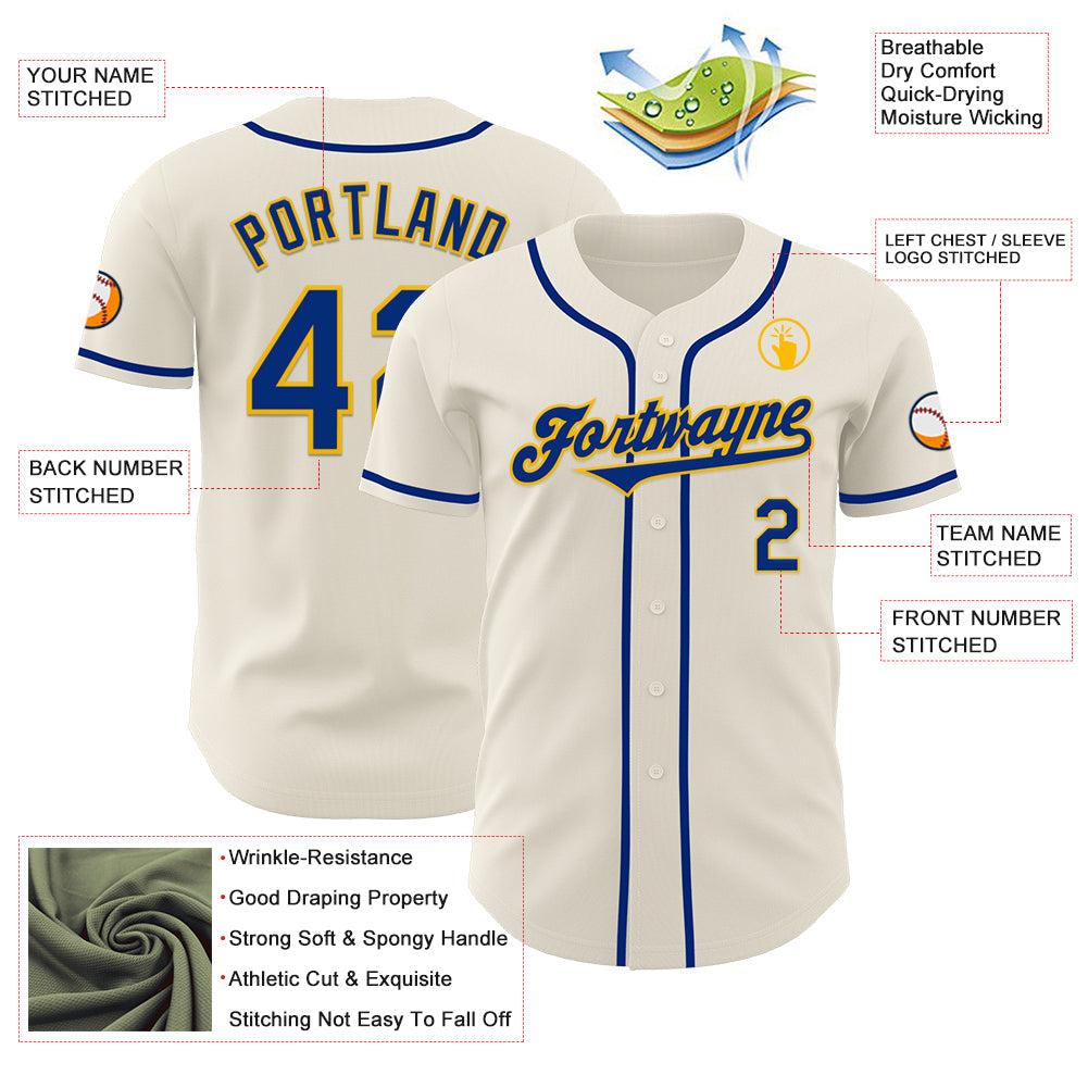 Custom Cream Royal-Gold Authentic Baseball Jersey view 3