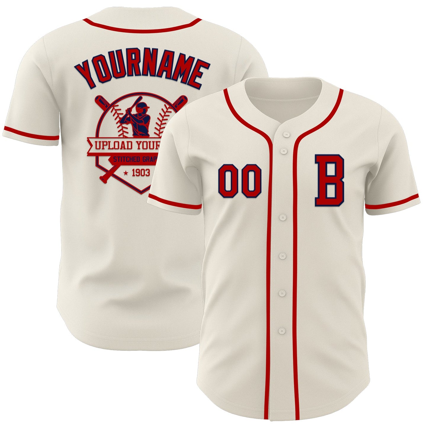 Custom Cream Red-Navy Authentic Baseball Jersey view 5