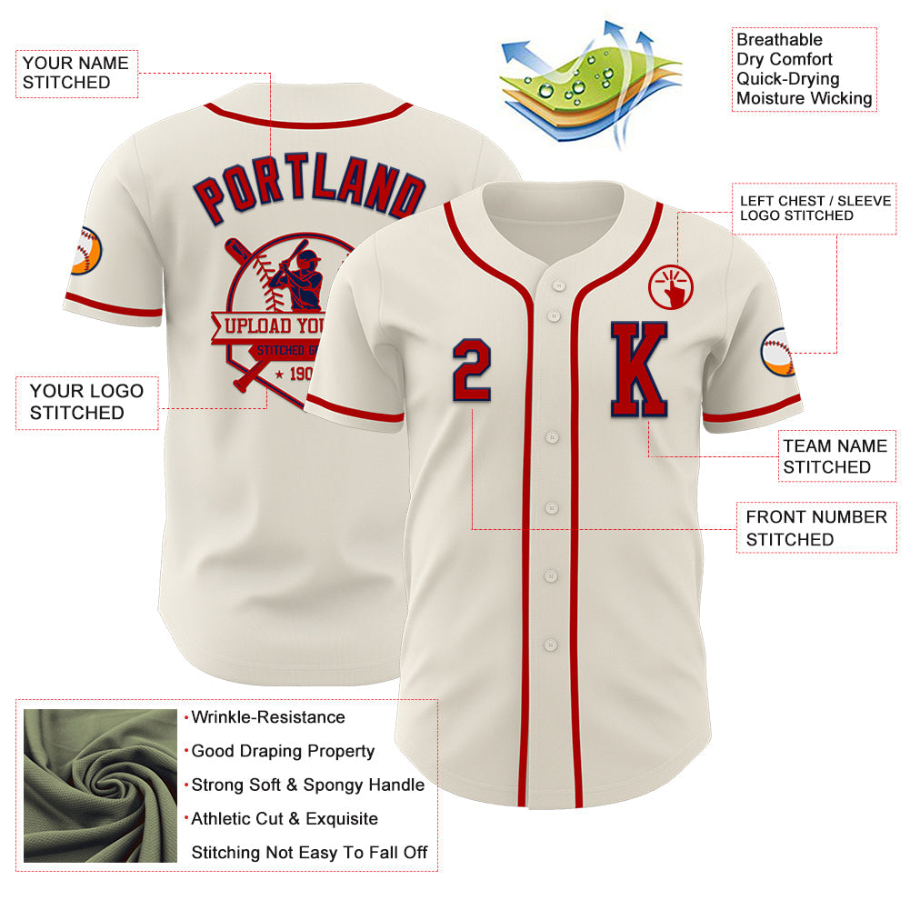 Custom Cream Red-Navy Authentic Baseball Jersey view 6