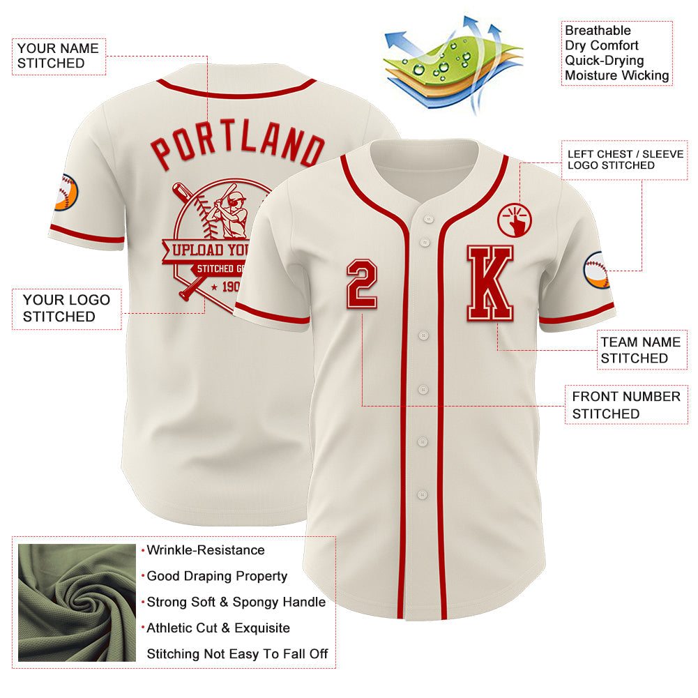 Custom Cream Red Authentic Baseball Jersey view 6