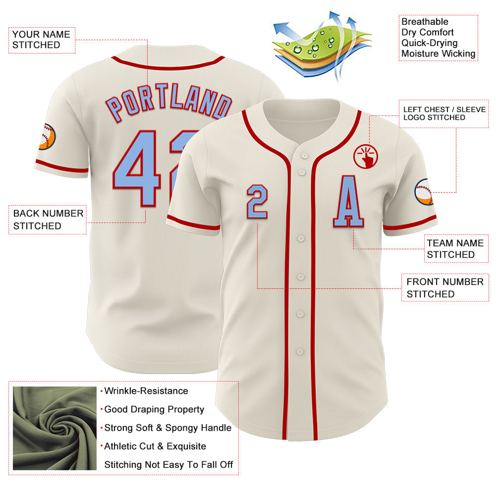 Custom Cream Light Blue-Red Authentic Baseball Jersey view 2