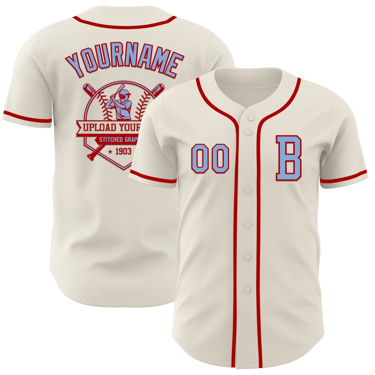 Custom Cream Light Blue-Red Authentic Baseball Jersey view 5