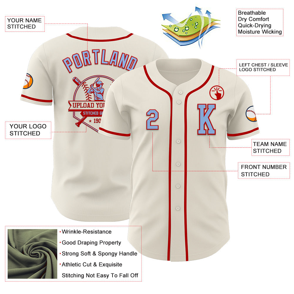 Custom Cream Light Blue-Red Authentic Baseball Jersey view 6