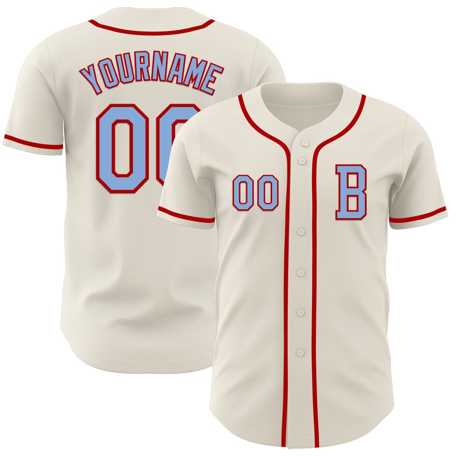Custom Cream Light Blue-Red Authentic Baseball Jersey - Main View