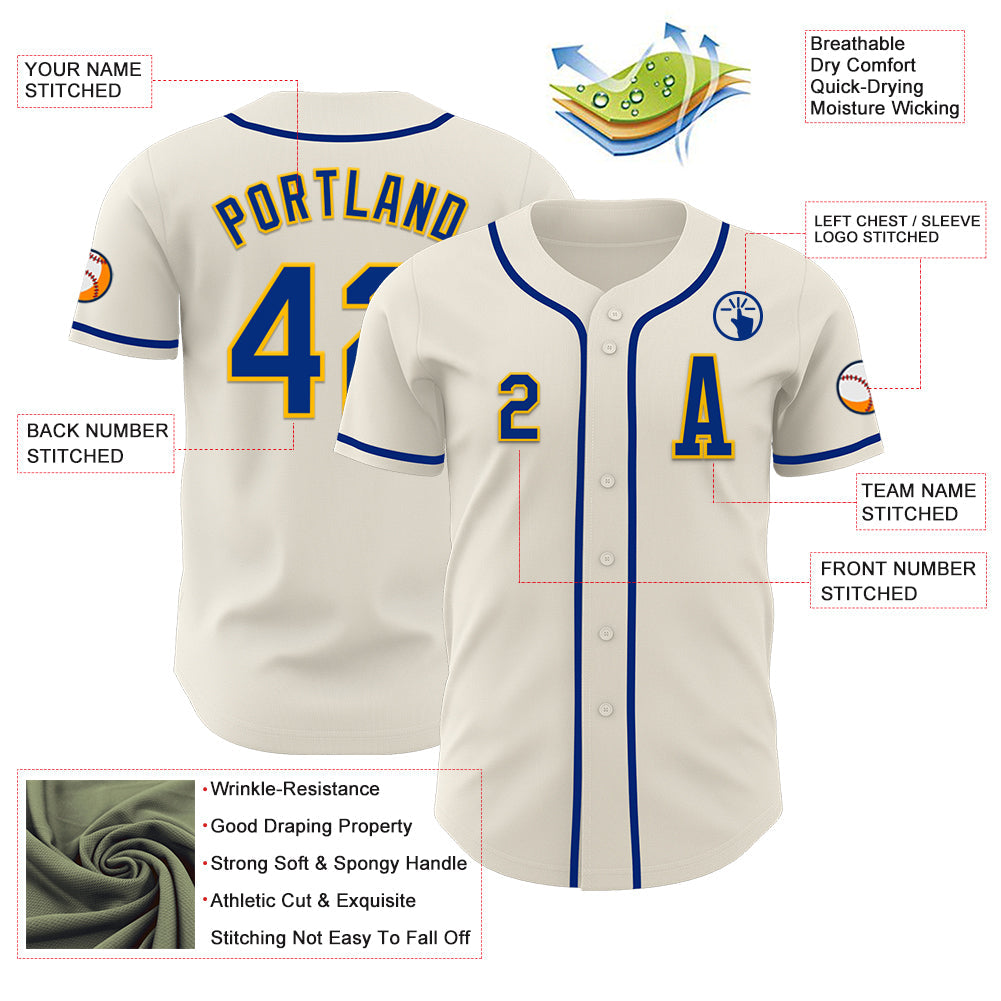 Custom Cream Royal-Gold Authentic Baseball Jersey view 2