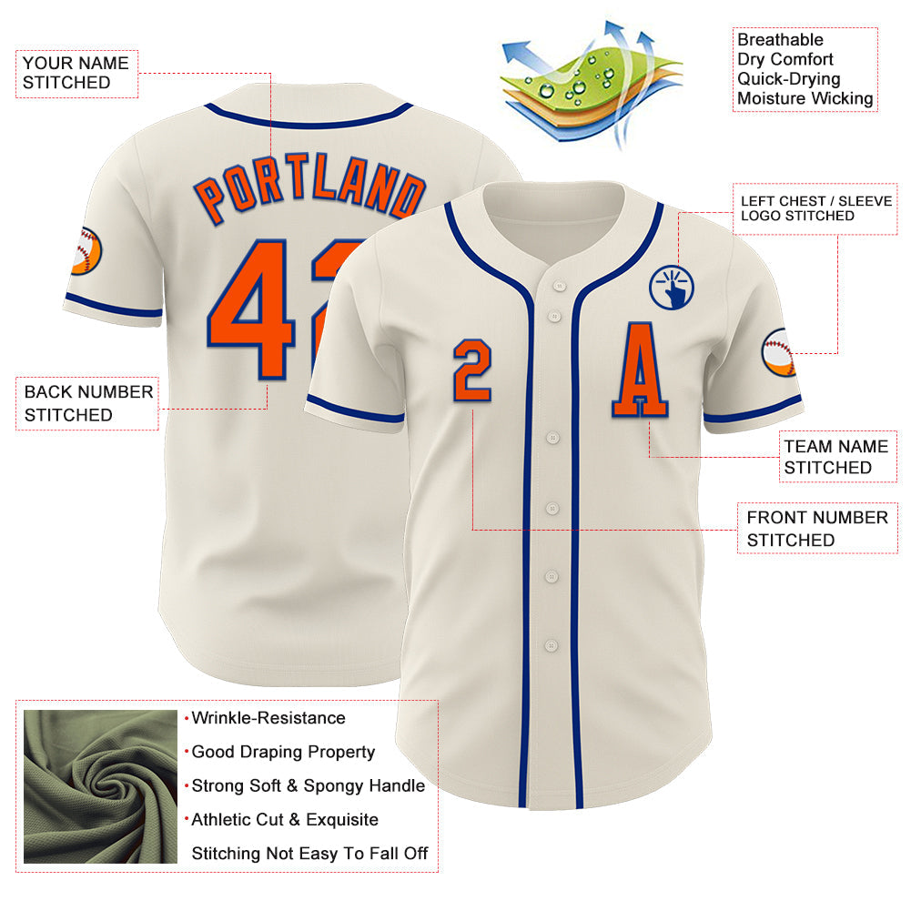 Custom Cream Orange-Royal Authentic Baseball Jersey view 2