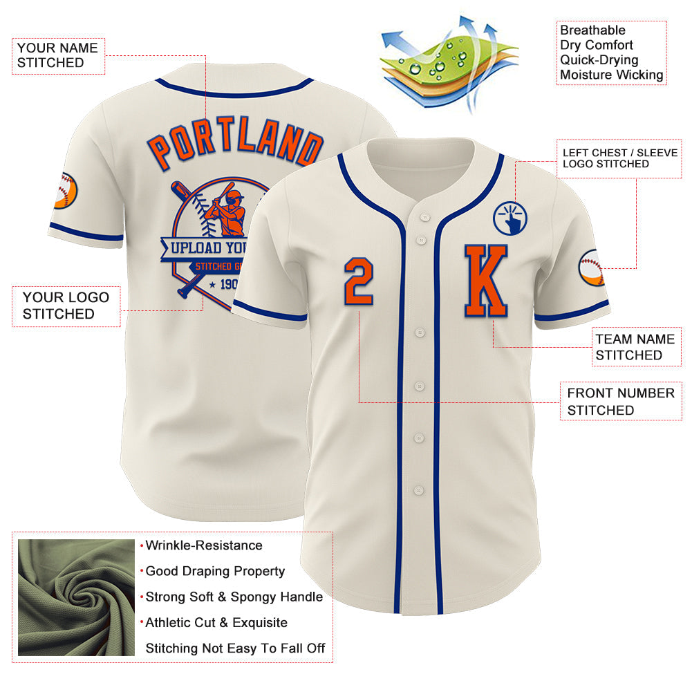 Custom Cream Orange-Royal Authentic Baseball Jersey view 6