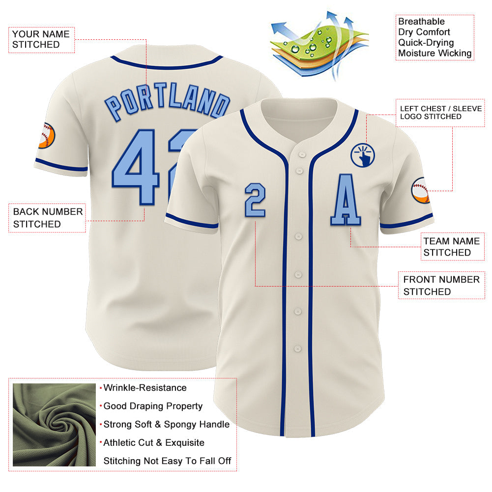 Custom Cream Light Blue-Royal Authentic Baseball Jersey view 2