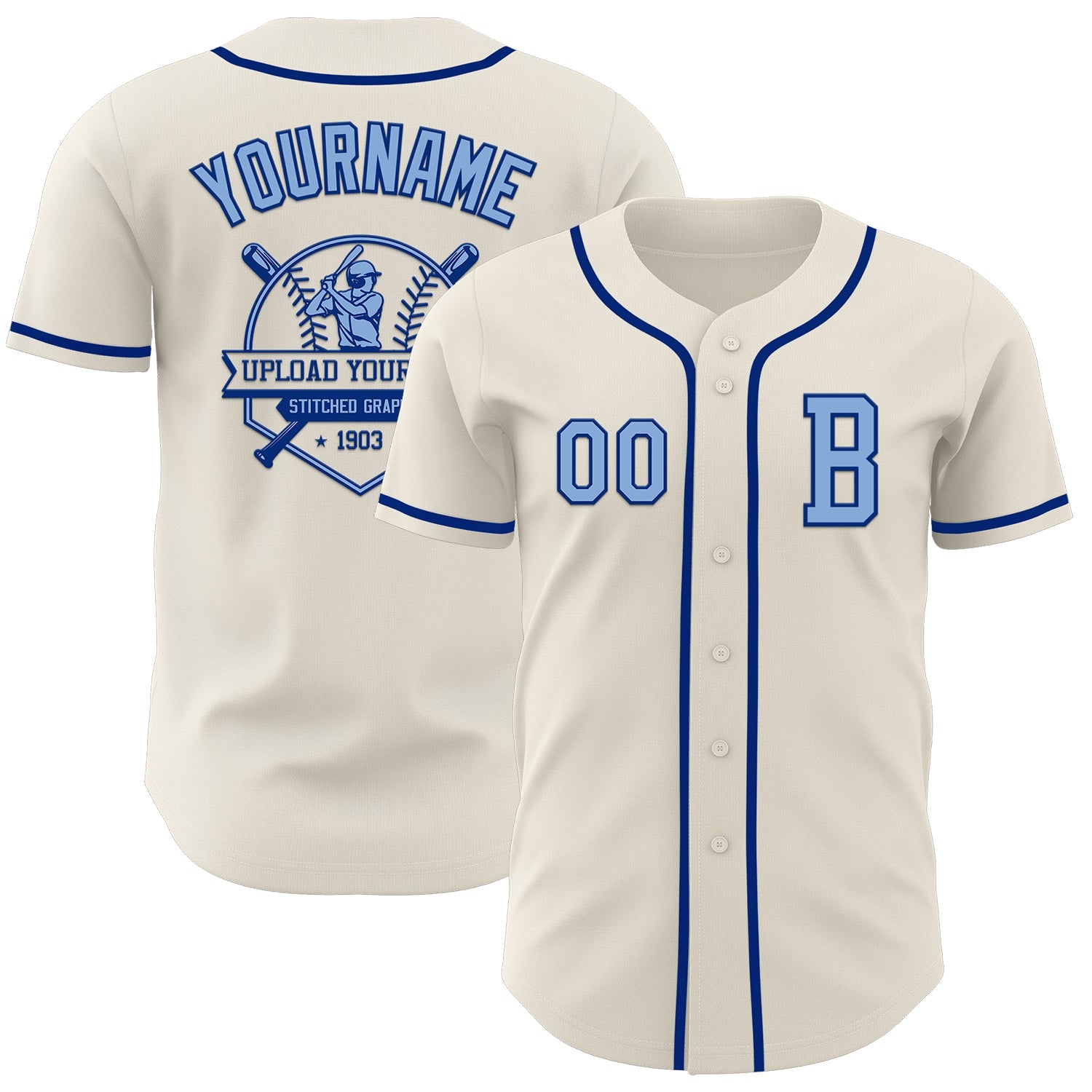 Custom Cream Light Blue-Royal Authentic Baseball Jersey view 5