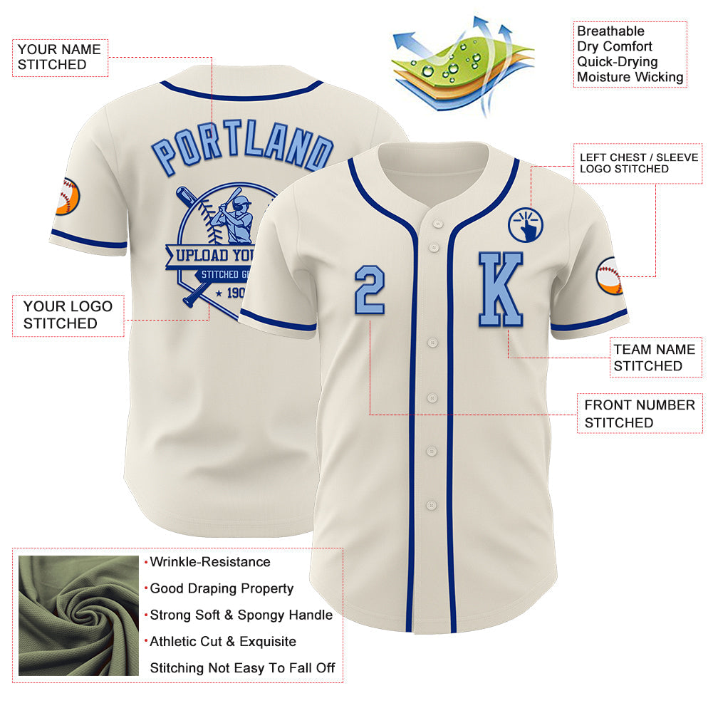 Custom Cream Light Blue-Royal Authentic Baseball Jersey view 6