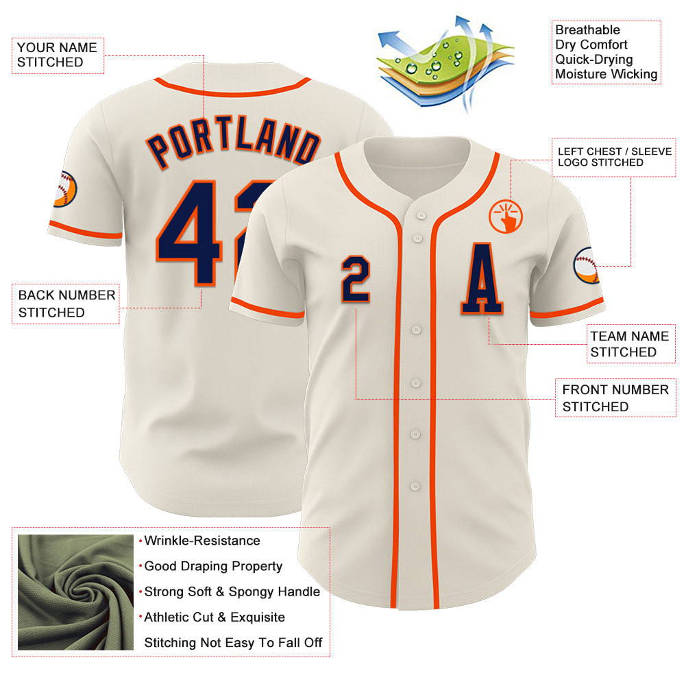 Custom Cream Navy-Orange Authentic Baseball Jersey view 2