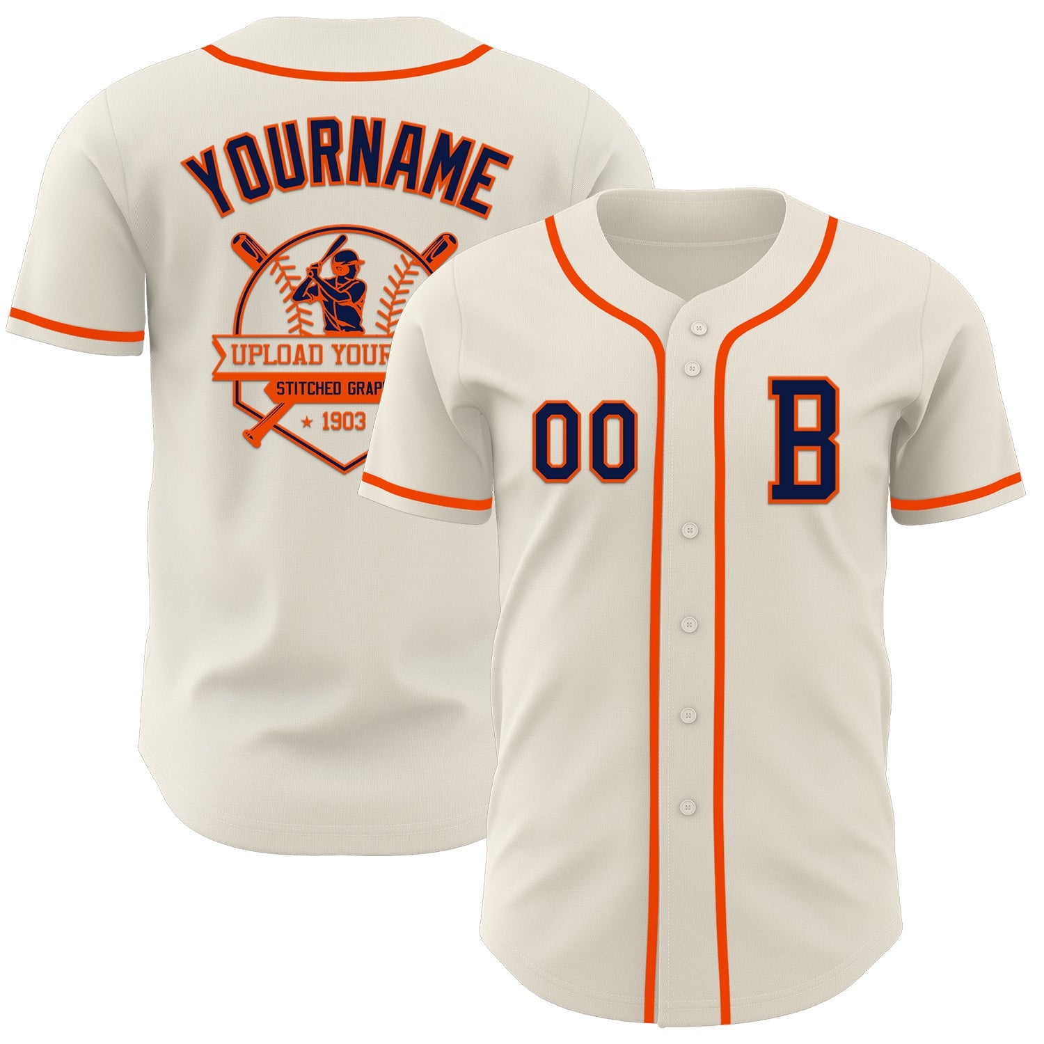 Custom Cream Navy-Orange Authentic Baseball Jersey view 5