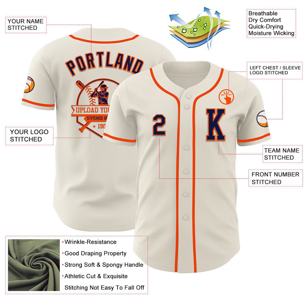 Custom Cream Navy-Orange Authentic Baseball Jersey view 6