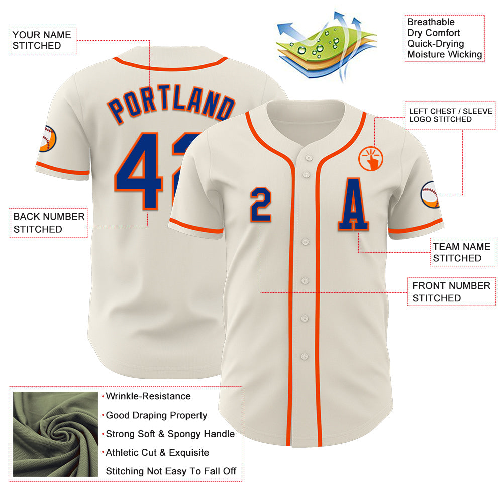 Custom Cream Royal-Orange Authentic Baseball Jersey view 2