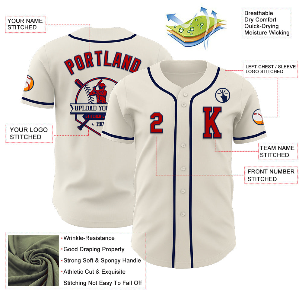 Custom Cream Red-Navy Authentic Baseball Jersey view 6