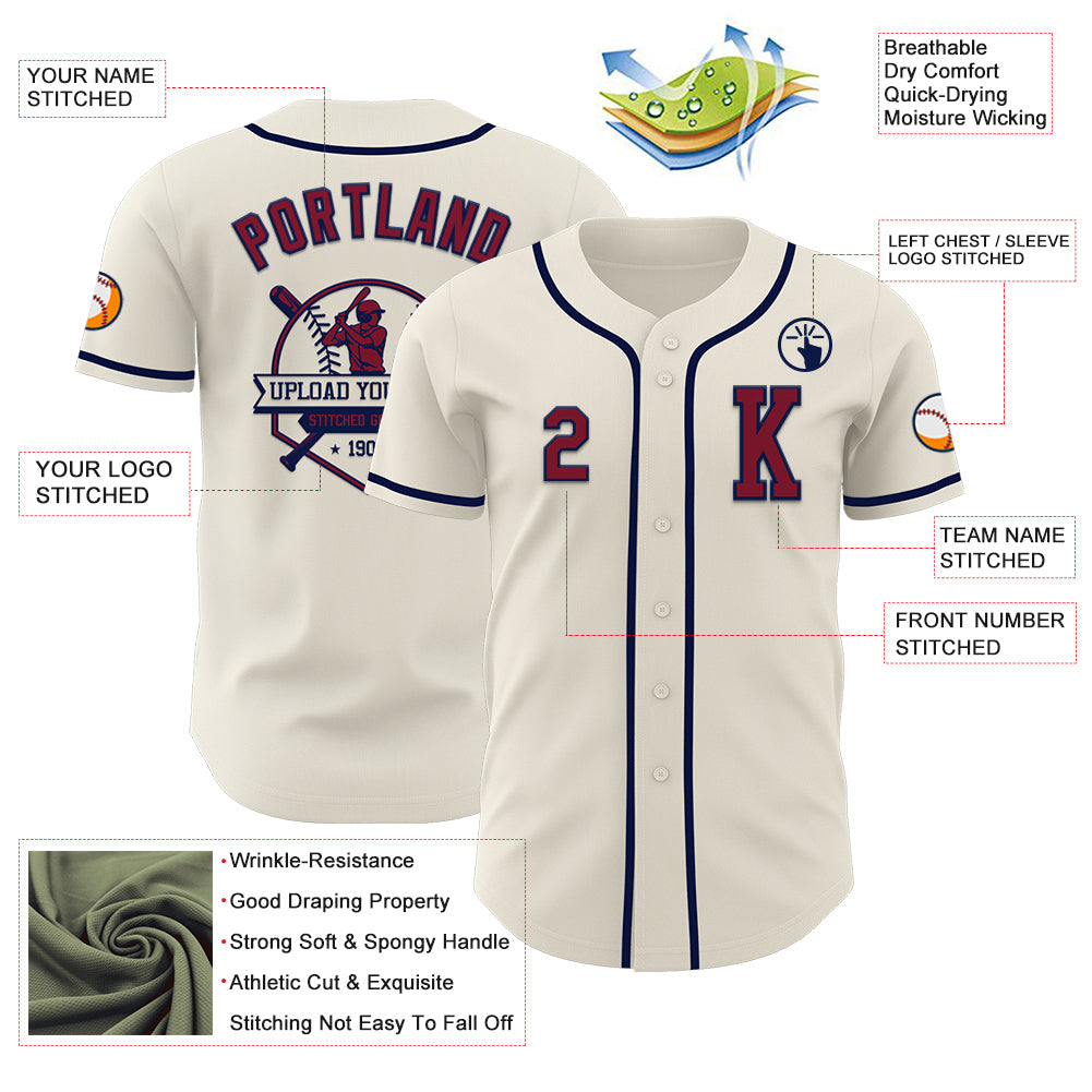 Custom Cream Crimson-Navy Authentic Baseball Jersey view 6