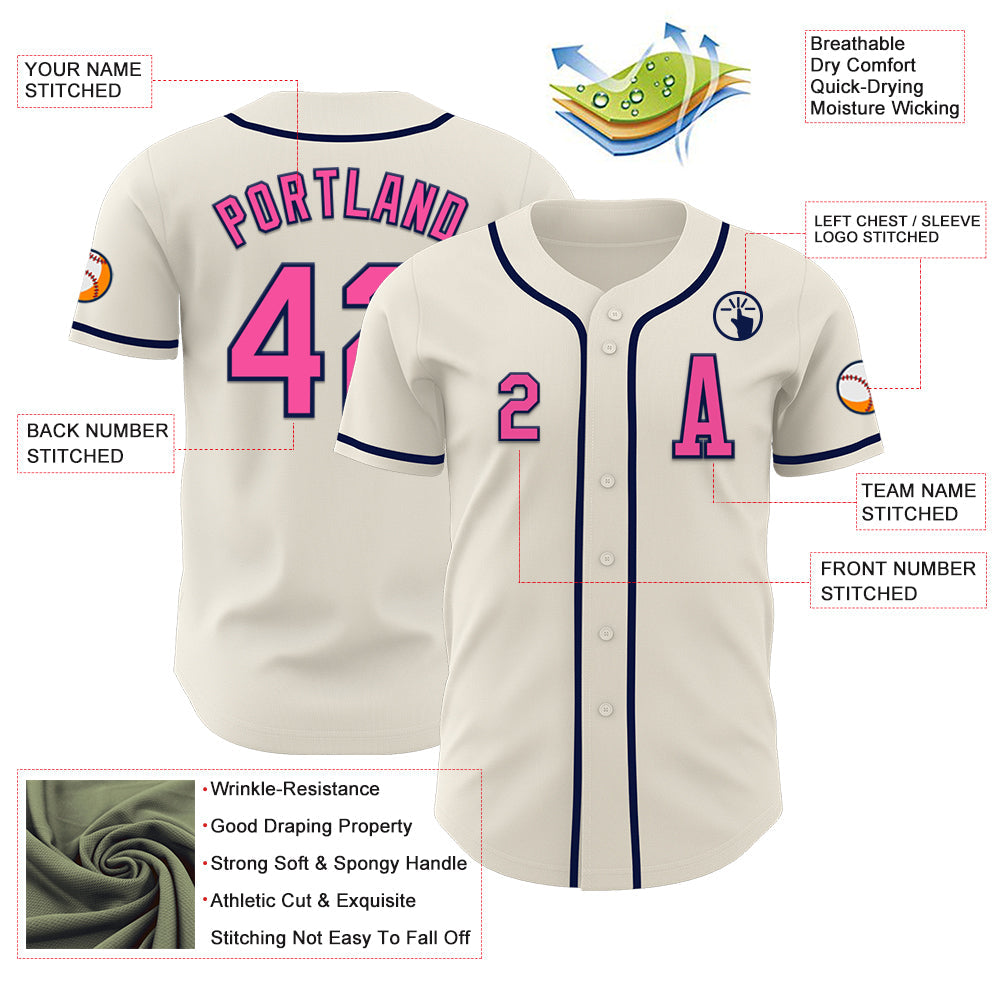 Custom Cream Pink-Navy Authentic Baseball Jersey view 2
